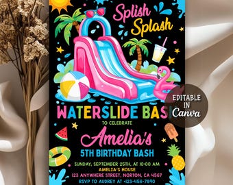 Water Slide Birthday Invitation, Water Slide Bash, Summer Pool Party, Girl Splash Party Invitation, Water Slide Invitation, Editable Canva