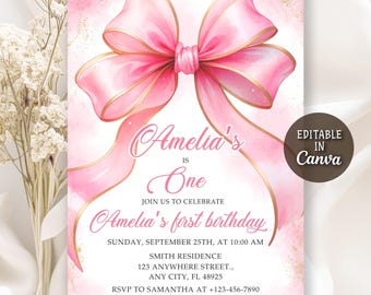Coquette Pink Bow Birthday Invitation, Pink Bow Birthday Invitation, Pink Coquette Bow Invite, Ribbon Birthday Invitation, Editable Canva