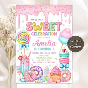 スイーツキャンディバースデー招待状、スイートセレブレーションバースデー招待状、キャンディランド招待状、キャンディアイスクリームカップケーキドーナツ、編集可能なCanva