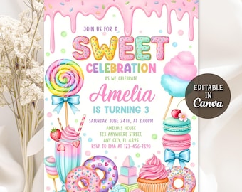 Sweets Candy Birthday Invitation, Sweet Celebration Birthday Invitation, Candyland Invitation, Candy Ice Cream Cupcake Donut, Editable Canva