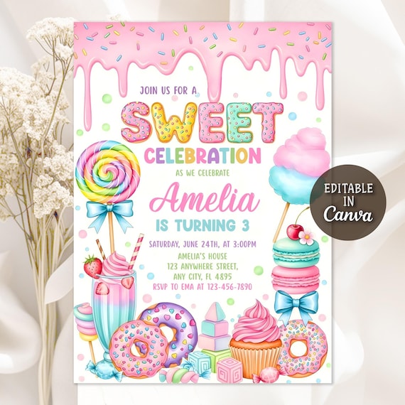 Sweets Candy Birthday Invitation, Sweet Celebration Birthday Invitation, Candyland Invitation, Candy Ice Cream Cupcake Donut, Editable Canva