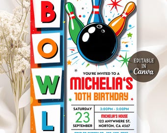 Bowling Party Invitation, Strike Up Some Fun Birthday Party, Boy Bowling Invite, Digital Boy Bday Party Invite Card, Editable Canva Template