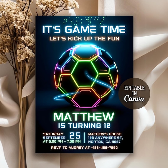 Neon Soccer Invitation, Neon Soccer Invite, Sports Invitation, Football Invite, Neon Invitation Sneakerball Birthday Invite, Editable Canva