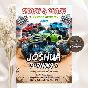 Op de afbeelding: Een kleurrijke uitnodiging voor een monstertruckfeest. Het ontwerp toont monstertrucks in rood, groen en blauw, met de tekst "SMASH & CRASH" en "JOSHUA TURNING 5". Bevat evenementdetails en de tekst "EDITABLE IN Canva".