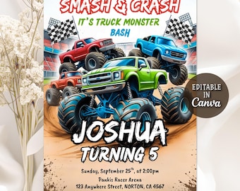 Monster Truck Birthday Invitation, Monster Truck Theme Party Invite, Boom Crash It's A Monster Truck Bash, Boy Monster Truck, Editable Canva