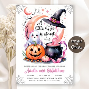 May include: Halloween-themed baby shower invitation featuring a ghost, jack-o'-lantern, witch's hat, and cauldron. The invitation includes the text "A little Boo is almost due" and details for Amelia and Matthew's baby shower, including the date, time, and location.
