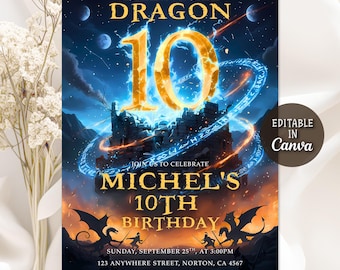Dragon Birthday Invitation, Fantasy Dragon Birthday Invitation, Castle Dragon Party, Dragon Theme Invite, Magical Party, Editable Canva