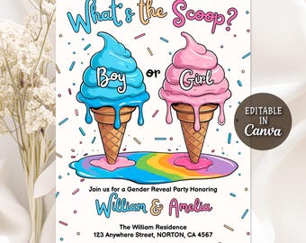 May include: A gender reveal party invitation featuring two ice cream cones, one blue and one pink, with the text "What's the Scoop? Boy or Girl?". The invitation includes event details and is editable in Canva.