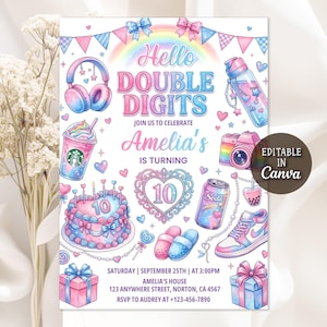 May include: A pastel-colored birthday invitation with the text "Hello Double Digits" and "Amelia's is Turning". The design includes illustrations of a cake, headphones, a camera, and other party-themed graphics. The invitation is editable in Canva.