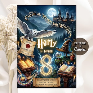 Può includere: Un invito illustrato digitalmente con un tema fantasy. L'invito presenta un gufo, un castello e il testo "Calling All Wizards and Witches". L'invito è per una festa di compleanno, con il nome "Harty" e il numero "8".