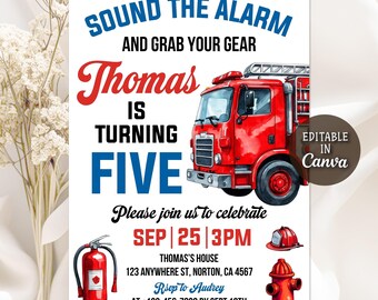Fire Truck Birthday Invitation, Fire Engine Invitation, Firefighter Birthday, Firetruck Invitation, Fire Department, Editable Canva Template