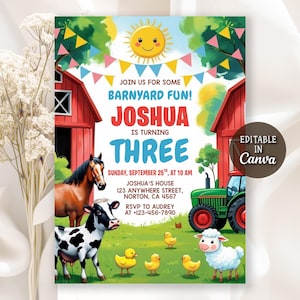 Farm Birthday Invitation, Farm Animals Party Invites, Barnyard Animals Ranch Kids Birthday Invitation, Ranch Kids Birthday, Editable Canva