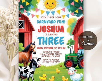 Farm Birthday Invitation, Farm Animals Party Invites, Barnyard Animals Ranch Kids Birthday Invitation, Ranch Kids Birthday, Editable Canva