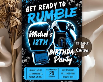 May include: Black and blue boxing-themed birthday party invitation. The invitation features two boxing gloves with the text "GET READY TO RUMBLE" and "Michel's 12th Birthday Party". Includes event details: date, time, location, and RSVP information.