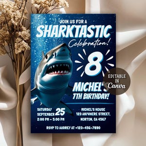 Shark Birthday Invitation, Shark Invitation, Shark Invites, Shark Invitation, Kids Birthday Party Invites, Boy Invitation, Editable Canva