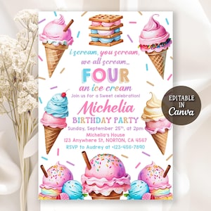 Ice Cream Birthday Invitation, 4th Birthday Party, Here&#39;s the Scoop Cone Pink Mint Gold Purple, Icecream Sweet Party Invite, Editable Canva