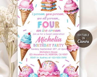 Ice Cream Birthday Invitation, 4th Birthday Party, Here's the Scoop Cone Pink Mint Gold Purple, Icecream Sweet Party Invite, Editable Canva