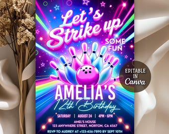 Invitación de cumpleaños de bolos, ¡A divertirse!, Invitación para fiesta de cumpleaños de bolos para chicas, Fiesta de bolos rosa, Plantilla editable de Canva