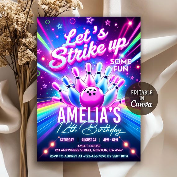 Bowling Birthday Invitation, Let's Strike Up Some Fun, Girls Bowling Birthday Party Invitation, Pink Bowling Party, Editable Canva Template