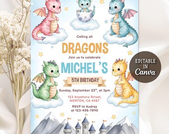 Faire-part de fête d'anniversaire dragon, invitation d'anniversaire dragon fantastique, invitation d'anniversaire dragon, fête magique, fête dragon château, toile modifiable