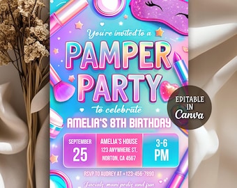 Pamper Party Birthday Invitation, Spa Birthday Party, Neon Glow Pamper Spa Party Invite, Glitz and Glam Makeup Glow Party, Editable Canva