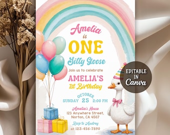 One Silly Goose Birthday Invitation, Goose 1st Birthday, Goose Invitation, Boy 1st Birthday, 1st Birthday Girl, Editable Canva Template