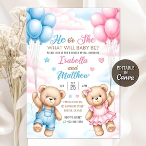 May include: A gender reveal invitation with a pink and blue theme. The invitation features two teddy bears holding balloons, with text that reads "He or She, What Will Baby Be?" and details for the event. The invitation is editable in Canva.