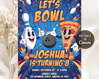 May include: A blue bowling-themed birthday party invitation. The design features a cartoon bowling pin, a bowling ball, and a pizza slice. The text reads "Let's Bowl" and "Joshua is turning 8". Includes event details and RSVP information.