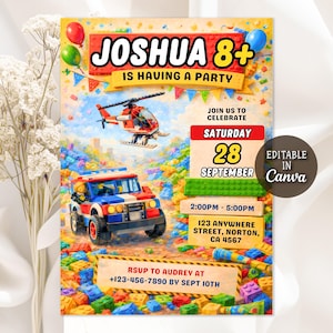 Può includere: Un colorato invito per una festa di compleanno a tema Lego. L'invito include il testo "JOSHUA 8+ IS HAVING A PARTY" con un'auto Lego, un elicottero e mattoncini. La data è il 28 settembre.