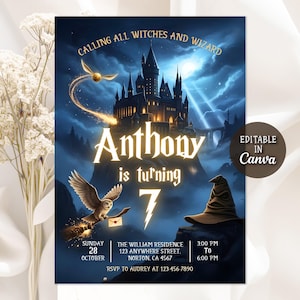 May include: A rectangular party invitation featuring a dark blue night sky, a large castle, a flying golden snitch, an owl carrying a letter, and a brown wizard hat. The text reads: CALLING ALL WITCHES AND WIZARD, Anthony is turning 7, and event details.