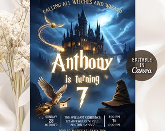 Invitation d'anniversaire sur le thème des sorciers et sorcières, Invitation pour une fête d'anniversaire magique, Invitation d'anniversaire féerique, Fête de sorciers dans un château, Modèle Canva modifiable