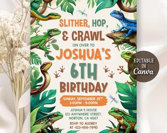 May include: A colorful birthday invitation with a jungle theme. The invitation features illustrations of snakes, lizards, and frogs, along with the text "Slither, Hop, & Crawl" and "Joshua's 6th Birthday". Includes event details and RSVP information.