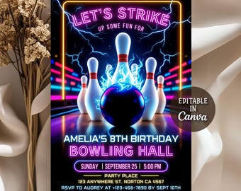 Peut inclure: Une invitation d'anniversaire sur le thème du bowling en rose et jaune néon pour le 8ème anniversaire d'Amelia. L'invitation représente un ballon de bowling et des quilles sur un fond sombre avec des éclairs. Le texte "Let's Strike Up Some Fun For" est en haut de l'invitation. La fête a lieu dans un bowling le dimanche 25 septembre à 17h00. RSVP à Audrey avant le 10 septembre.