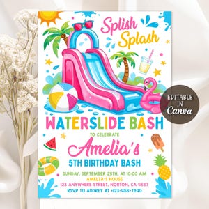 Water Slide Birthday Invitation, Water Slide Invitation, Water Slide Bash, Summer Pool Party, Girl Splash Party Invitation, Editable Canva