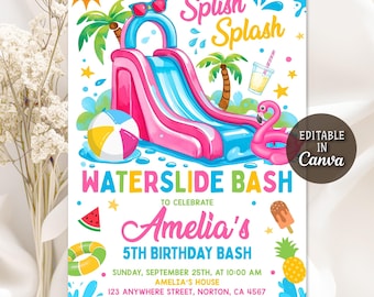 Water Slide Birthday Invitation, Water Slide Invitation, Water Slide Bash, Summer Pool Party, Girl Splash Party Invitation, Editable Canva