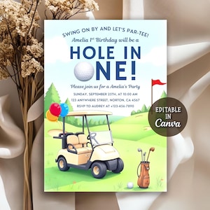 Hole In One First Birthday Invitation, Golf 1st Birthday Invite, Golf Par-Tee First Birthday Invitation, Hole In One Invite, Editable Canva