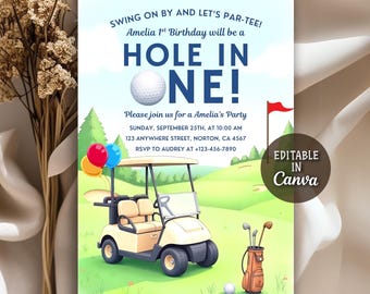 Hole In One First Birthday Invitation, Golf 1st Birthday Invite, Golf Par-Tee First Birthday Invitation, Hole In One Invite, Editable Canva