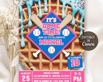 Invito per festa di compleanno a tema baseball, invito di compleanno a tema baseball, invito di compleanno digitale a tema baseball, baseball drip, modello Canva modificabile
