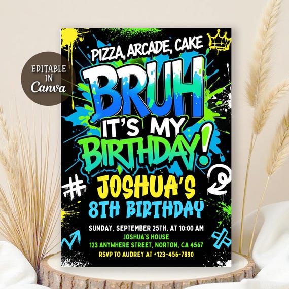 Bruh It's My Birthday Invitation, Bruh Birthday Party, Neon Bday Card, Teenager Birthday, Teen Boy Party Invitation, Any Age, Editable Canva