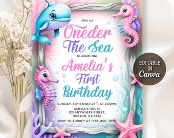 Invitación de cumpleaños de Oneder The Sea, animales marinos en acuarela, invitación de cumpleaños infantil náutico oceánico, invitación para fiesta de primer cumpleaños, Canva editable