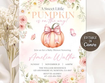 May include: Baby shower invitation with a watercolor pumpkin and floral design. The invitation features the text "A Sweet Little Pumpkin is on the way!" and details for Amelia Walter's baby shower, including date, time, and location.