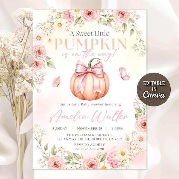 Invitación para baby shower "Una dulce calabacita está en camino", invitación para baby shower de calabaza de otoño, invitación para baby shower de otoño, Canva editable
