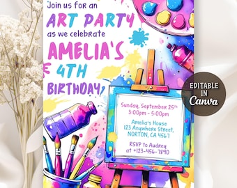 Puede incluir: Invitación a una fiesta de arte con salpicaduras de pintura coloridas y materiales de arte. La invitación dice: "Únase a nosotros para una fiesta de arte para celebrar el 4º cumpleaños de Amelia." Incluye detalles del evento y "Editable in Canva."