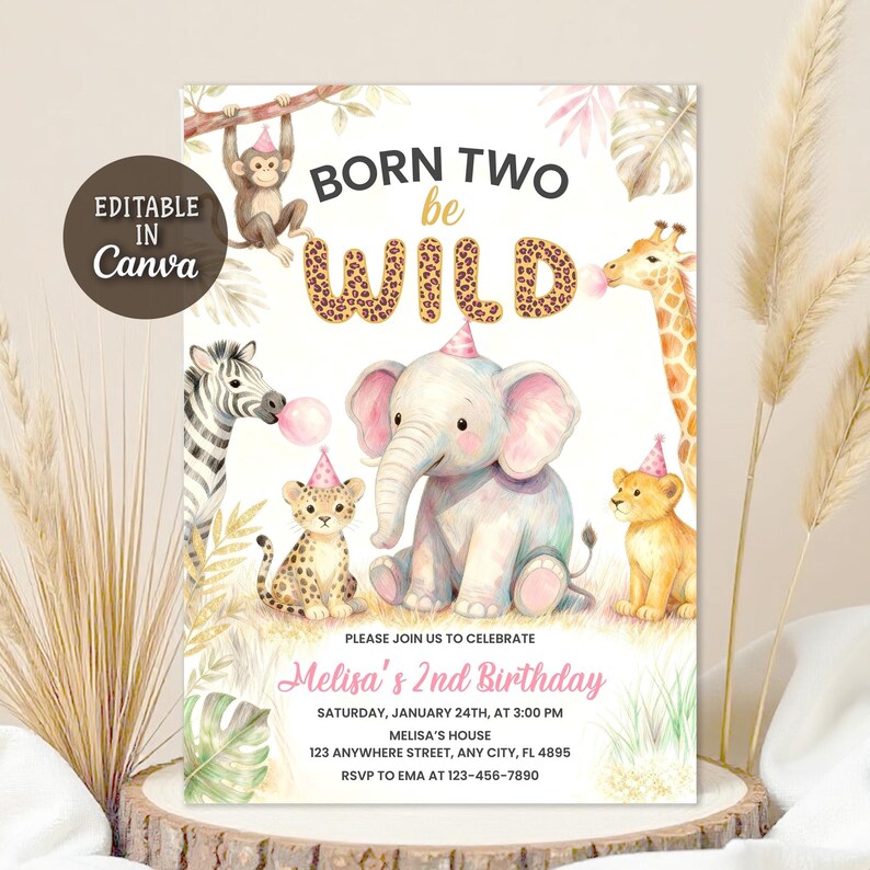 Second Birthday,in Two the Wild,Animals Invitation,Born Two be Wild,2nd Birthday,Leopard Printsafari 2nd birthday,safari birthday,2nd birthday invite,girl 2nd birthday,two wild invitation,girl two wild,two wild invite,two wild birthday,she's two wild,safari invitation,jungle safari,jungle animals,girl invitation,Editable Template,Birthday Invitation,Editable Invitation