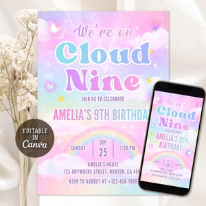 May include: A pastel-colored birthday invitation with the text "We're on Cloud Nine" and "Amelia's 9th Birthday." The design includes a rainbow, clouds, and stars. A smartphone displays the same invitation.