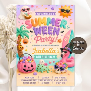May include: A Summerween party invitation for Isabella's 8th birthday featuring a ghost, sun, palm tree, flamingo, and pumpkin bucket. Text includes: YOU'RE INVITED TO A SUMMER WEEN PARTY! A SPOOKTACULAR BIRTHDAY CELEBRATION FOR Isabella's 8TH BIRTHDAY!