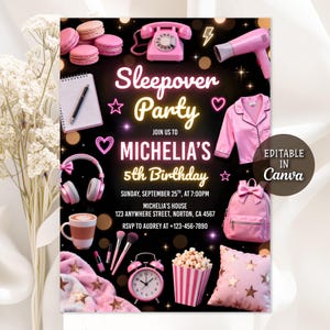 May include: A pink sleepover party invitation with the text "Sleepover Party" and "Michellia's 5th Birthday". The invitation includes illustrations of a pink telephone, headphones, and a backpack. The text is in white and pink.