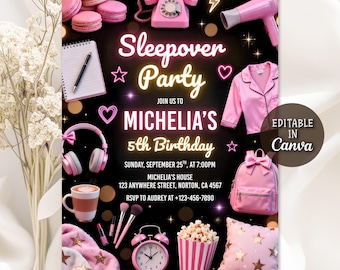 Sleepover Birthday Invitation, Slumber Party Invitation, Sleepover Birthday Invite, Pajama Party, Neon Sleepover Invitation, Editable Canva