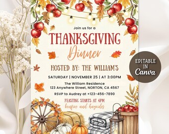 Thanksgiving Dinner Invitation, Let's Give Thanks Invitation, Let's Gather Invitation, Pumpkin Friendsgiving Party Invite, Editable Canva