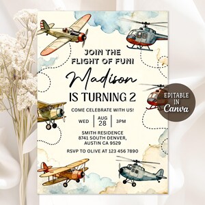 Inbjudan till flygplansfödelsedag, Time TWO flyger, Time TWO startar pojkens 2-årsdag, modern flygplansinbjudan, redigerbar canvas för flygtemafest